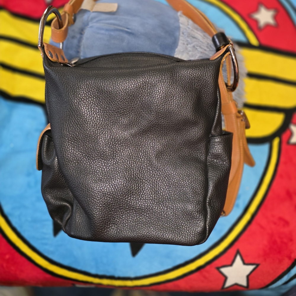 Christina Black Pebbled Leather Shoulder Bag with Tan Strap